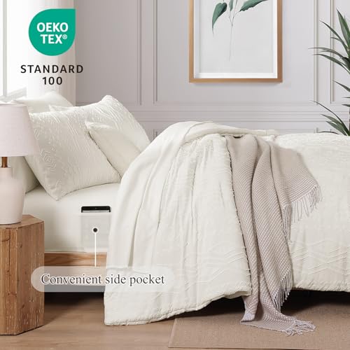 Image of AMBERSPACE King Size Comforter Set White, Tufted Boho Bedding Farmhouse Bed Set, All Season 7 Pieces Bed in a Bag with Sheets, Pillowcases & Shams