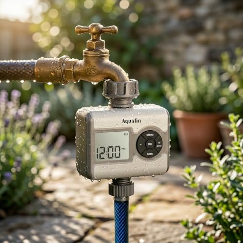 Image of Single Zone LCD Ball Valve Water Timer for Garden | 3 Independent Watering Programs | Works at Zero Pressure | Universal Tap Adapter Included | Rain Sensor Port