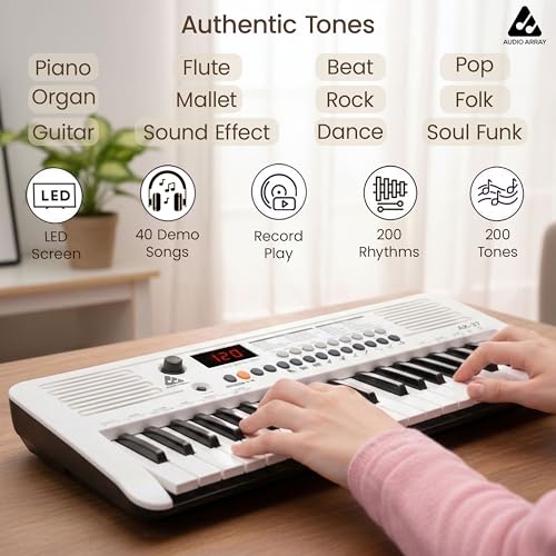 Image of Audio Array AK-37 White MIDI Keyboard 37 Velocity Sensitive Keys, Built-in Speakers, 200 Presets, Sustain & Touch, Tempo, Octave /Transpose /Tune, Master Volume Knob, LED Display BT AA & Type-C Power