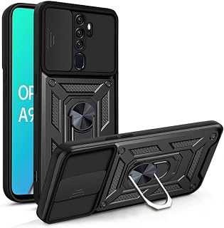 Kilifplus Oppo A9 2020 ile Uyumlu Kılıf Zırhlı Standlı Sürgülü Kamera Korumalı Zırhlı Tam Koruma Sürgülü Vega Kapak, Tam Uyumlu, Tank Kapak - Siyah