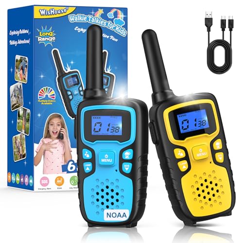 Image of Wishouse Walkie Talkies for Kids Rechargeable Long Range,Xmas Birthday Gift for 4 5 6 7 8 9 Year Old Boys Girls,Hiking Gear Camping Games Cool Toys with NOAA,SOS Siren,Lamp,Lanyards,2 Pack Blue Yellow