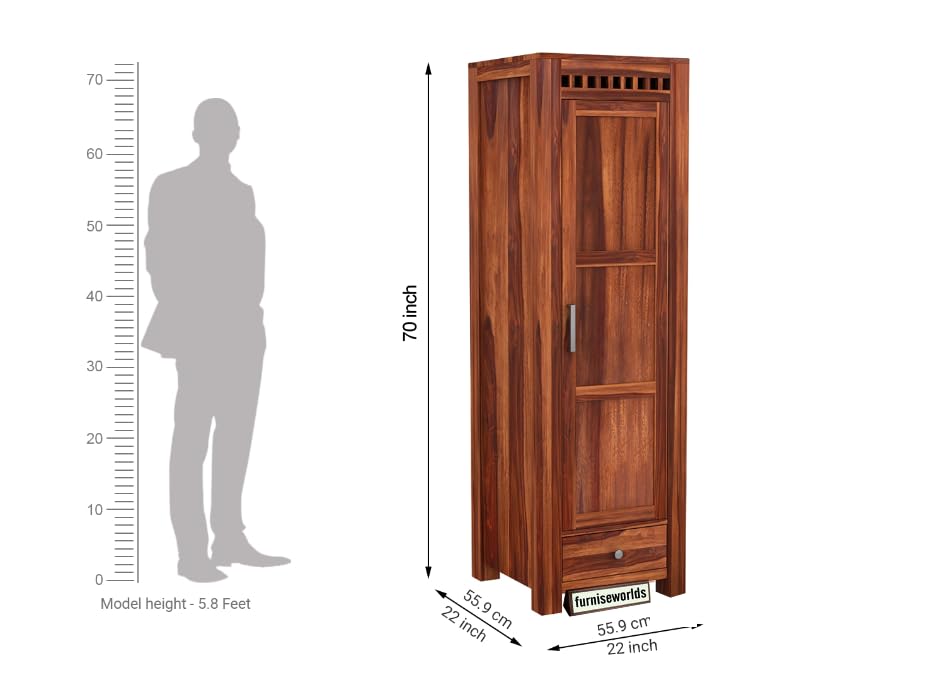 Image of Sheesham Wood Wardrobe with 1 Drawer and 4 Shelves Storage for Bedroom Wooden Almirah for Clothes for Living Room Bedroom Home, Solid Wood Furniture (Honey)