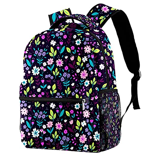 Sac à dos de voyage pour filles et garçons violet à fleurs avec filet gourde