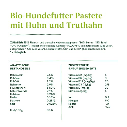 Yarrah Sehr schmackhafte, getreidefreie Pastete mit biologischem Huhn und Truthahn und zugesetzter Aloe Vera. Eignet Sich für Hunde Aller Rassen und Altersgruppen., 12*150g
