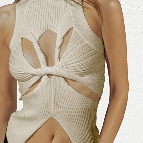 Image of Women Strapless Crop Top Sexy Hollow Out Twist Front Knitted Tank Tops Sleeveless Y2K High Neck Cut Out Sweater Vest