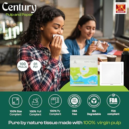 Image of Century 1 Ply 100% Virgin Pulp Tissue Paper Napkins|Highly Absorbent & Chemical Free Serving Napkins 100 Pulls- 30x30 cm (Pack of 4)