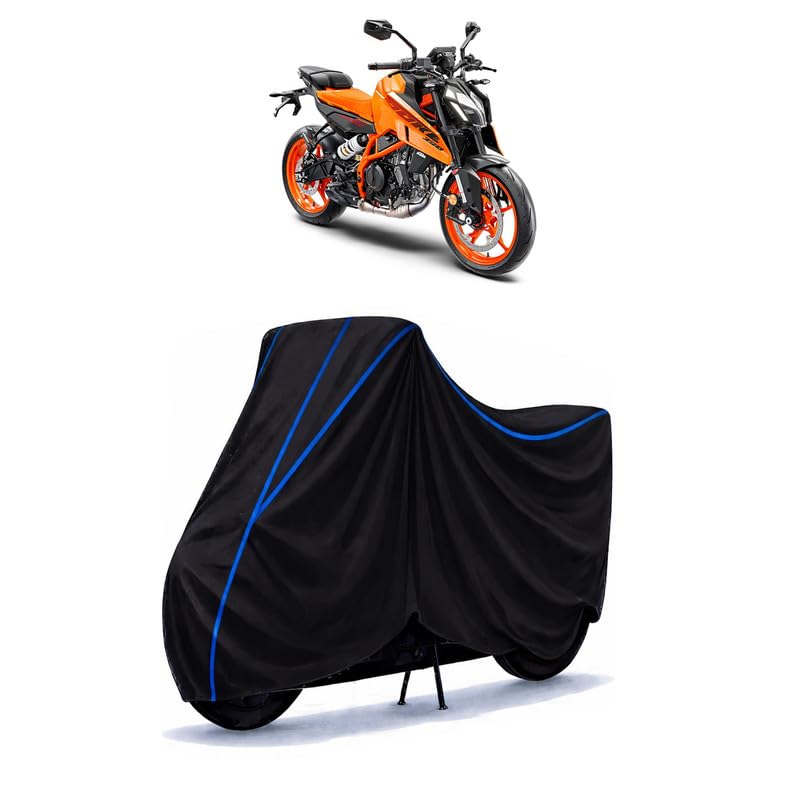Image of KTM 390 Duke Bike Cover Water Resistant Universal Motorcycle Rain | Heavy Duty UV Protection, Dust, Scratch Indoor Outdoor All Weather with Black Blue Piping Elastic