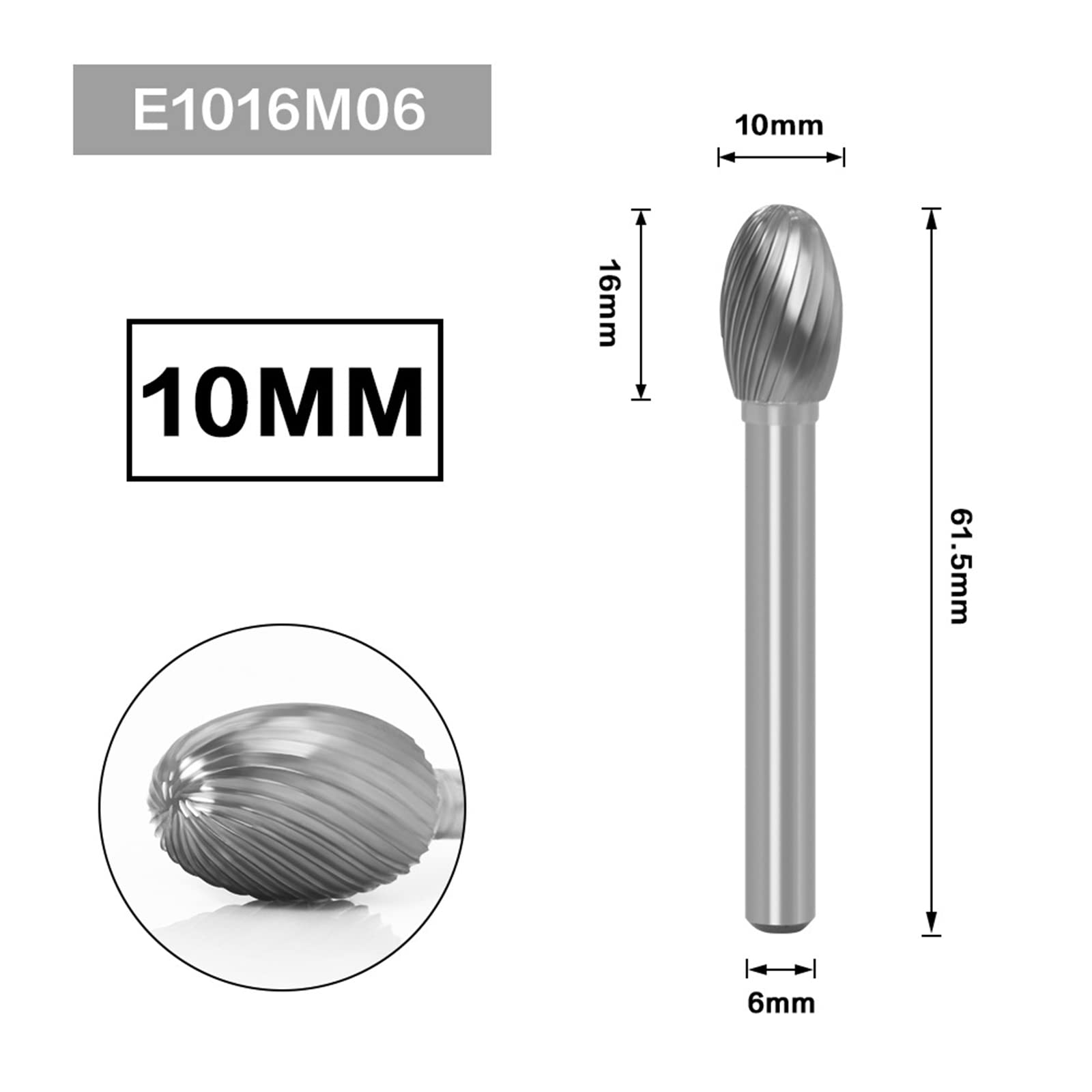 Boxonly Tungsten Carbide Rotary Burr Die Grinder Bits Single Cut Grinding Head Diameter 10mm with 1/4" Shank Rotary Tool for Woodworking Drilling DIY Engraving Metal Polishing E1016M06 - Image 2