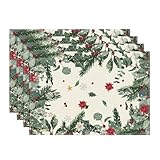 Artoid Mode Green Leaves Poinsettia Holly Christmas Placemats Set of 4, 12x18 Inch Seasonal Winter Table Mats for Party Kitchen Dining Decoration