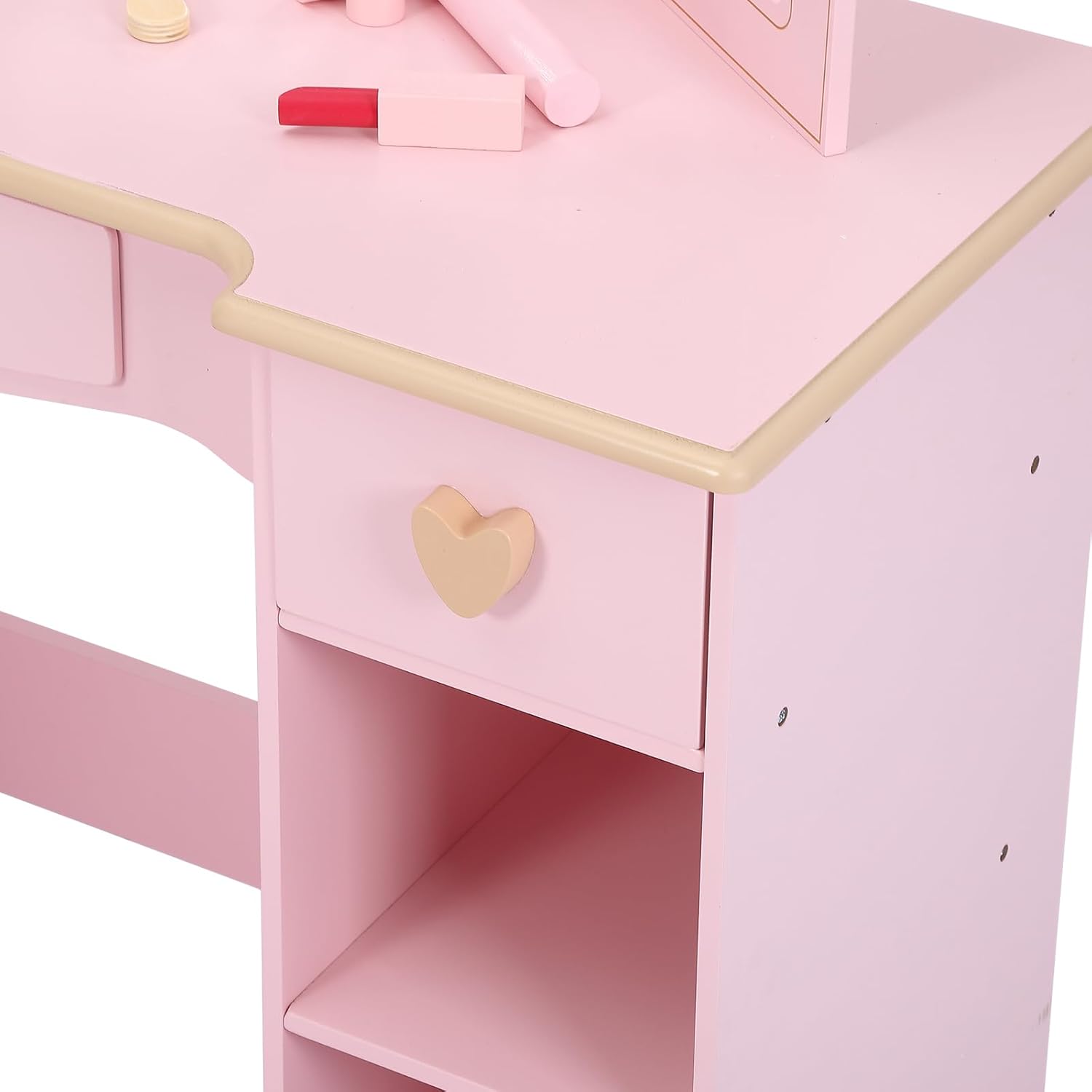 Kids Vanity Table and Chair Set with Mirror and Drawer, Wood Makeup Dressing Table for Girls, Pink, Ideal for Toddlers Ages 3-5