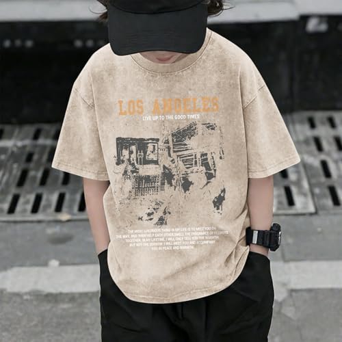Image of Oversized Boys Graphic Tees Acid Wash Los Angeles Tshirt Youth Cotton T Shirt Crewneck Tee Kids Short Sleeve Tops