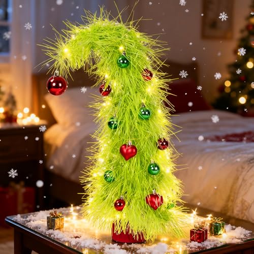 Mini Christmas Tree 20″ Artificial Tabletop Grinch Tree, Whimsica...