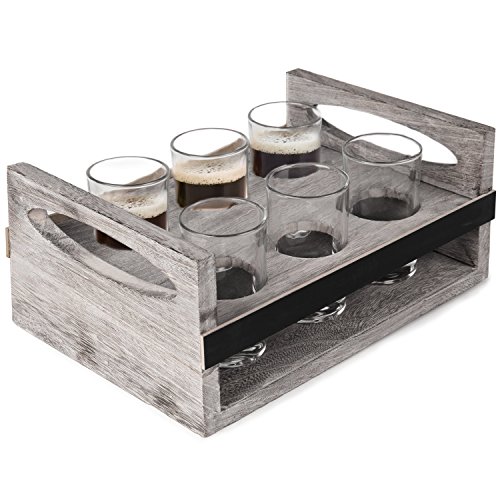 Mygift Rustic Gray Solid Wood Craft Beer Flight Tasting Board Set With 6 Oz Beer Glasses, Serving Tray With Erasable Chalkboard Panel #TOP1