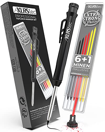 KLRStec Professional Tieflochmarker inkl. 7 Minen - Zimmermannsbleistift für die Baustelle - Bohrlochmarker, Markierstift, Handwerker Bleistift, Lochmarkierer (1) Cover