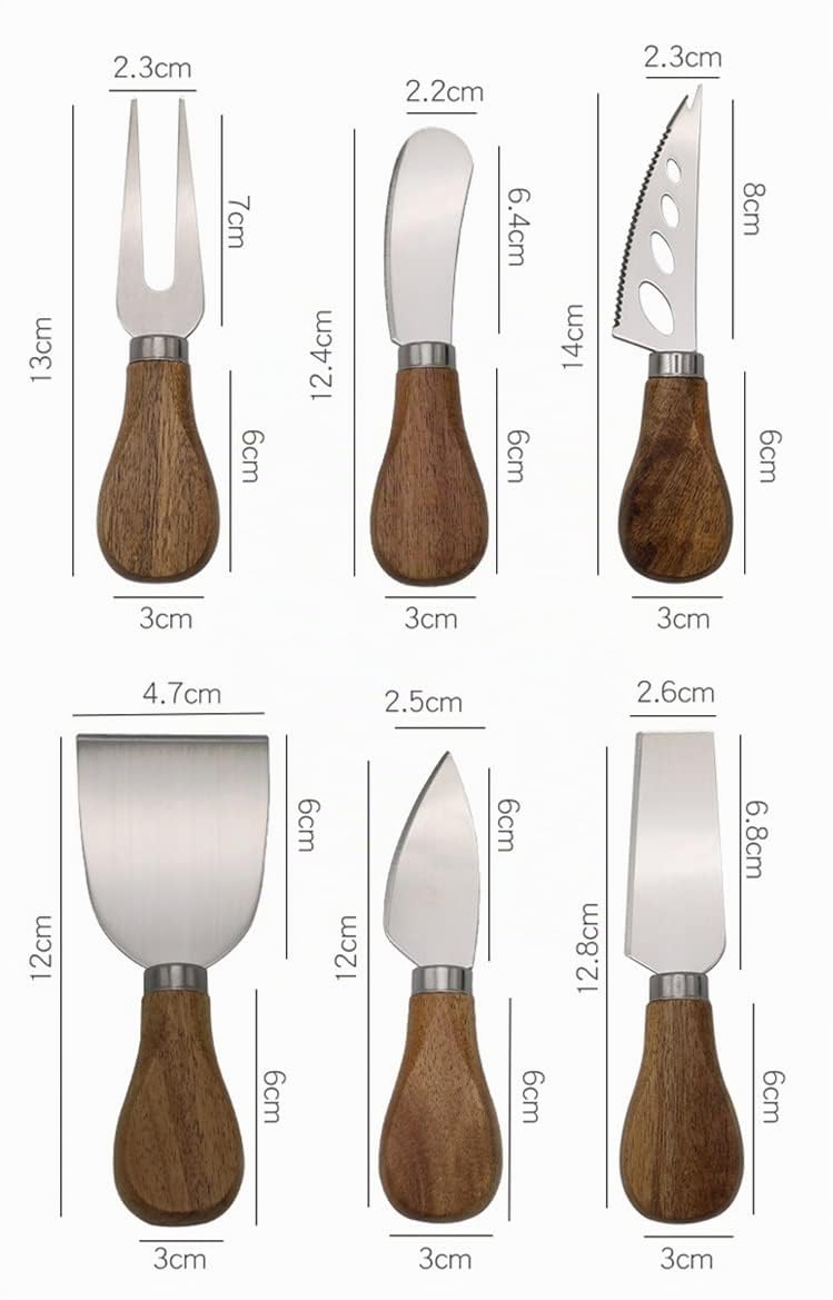 Lin's Wood Juego de 6 cuchillos de queso de acero inoxidable con caja de regalo.(mango de madera de acacia)