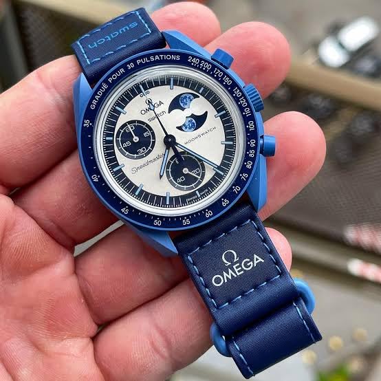 Image of Chronograph Luxury Watch, Blue Case with Navy Strap, White Panda, Sun Moon Phase Dial