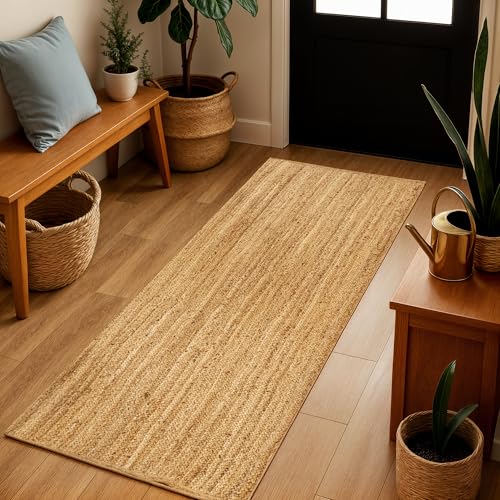 Jute Rug 2x6 Natural Runner Rug with Non-Slip Backing, Low-Profile Farmhouse Hallway Runner, Indoor Entryway Rug or Kitchen Mat, Eco-Friendly 2x6 Runner for Boho Decor