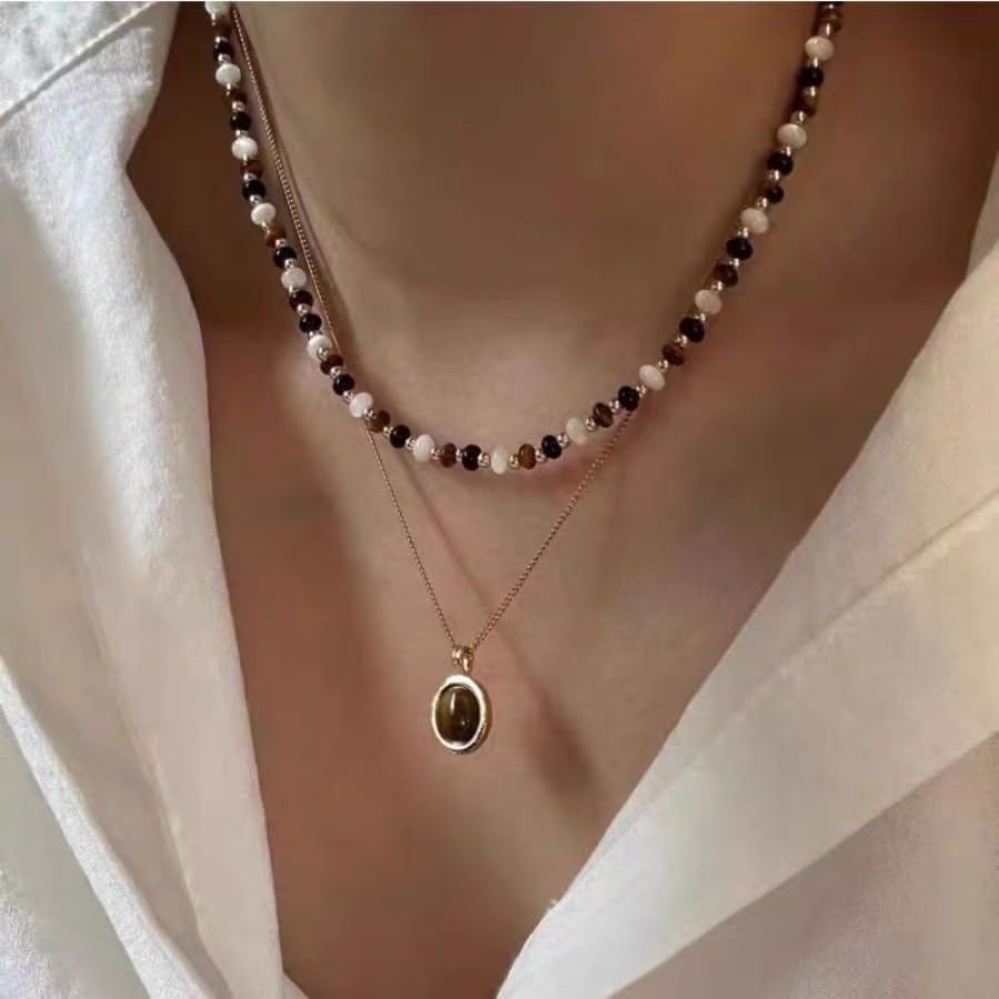 DATOA Bohemian Layered Beaded Choker Necklace Multilayered Natural Stone Beads Necklaces with Tiger Eye Stone Pendant Boho Strand Statement Handmade Hippie Necklace Beach Jewelry Gift for Women - Image 4