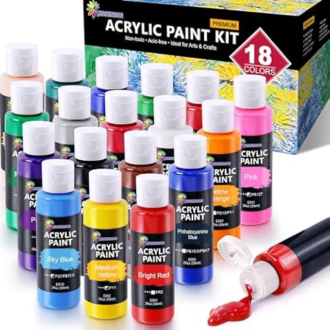 ESSENSON Acrylic Paint, 18 Colors Acrylic Paint Set, 2oz/59ml Bottles, Premium Acrylic Paints for Artists, Kids, Beginners and Adults on Canvas Rocks Wood Ceramic Fabric Cover