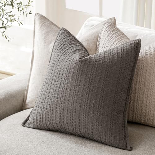 Image of Foindtower Set of 2 Decorative Cotton Waffle Weave Throw Pillow Covers Euro Shams Cushion Covers Accent European Pillowcase for Bed Couch Sofa Bedroom Living Room Home Decor 18x18 Inch Taupe Gray