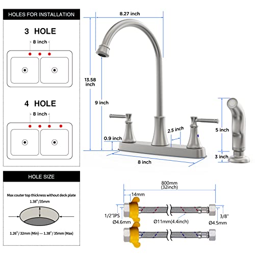 Gowin Brushed Nickel Kitchen Faucet With Side Sprayer, 2-Handle High Arc 3 Or 4 Holes 8 Inch Centerset Kitchen Sink Faucet For Rv Camper Sinks,Stainless Steel Farmhouse Faucet #TOP4
