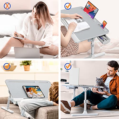 Hetthi Laptop Desk For Bed, Adjustable Bed Desk With Foldable Legs Storage Drawer Tablet Slot Phone Slot Removable Stopper, Pvc Leather Bed Tray For Writing Working Reading Eating (X-Large, Gray) #TOP5