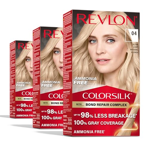 Revlon ColorSilk with Bond Repair Complex, Blonde Permanent Hair Color, 100% Gray Coverage, Ammonia Free Hair Dye, Vegan Keratin, 04 Ultra Light Natural Blonde (Pack of 3)