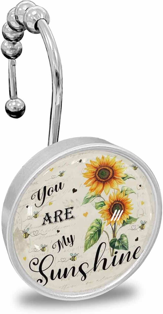 Farmhouse Sunflower Shower Curtain Hooks 12 Pcs Vintage Flower My Sunshine Stainless Steel Rust Proof Rolling Shower Curtain Rings, Decorative Shower Curtain Hooks Hangers for Bathroom