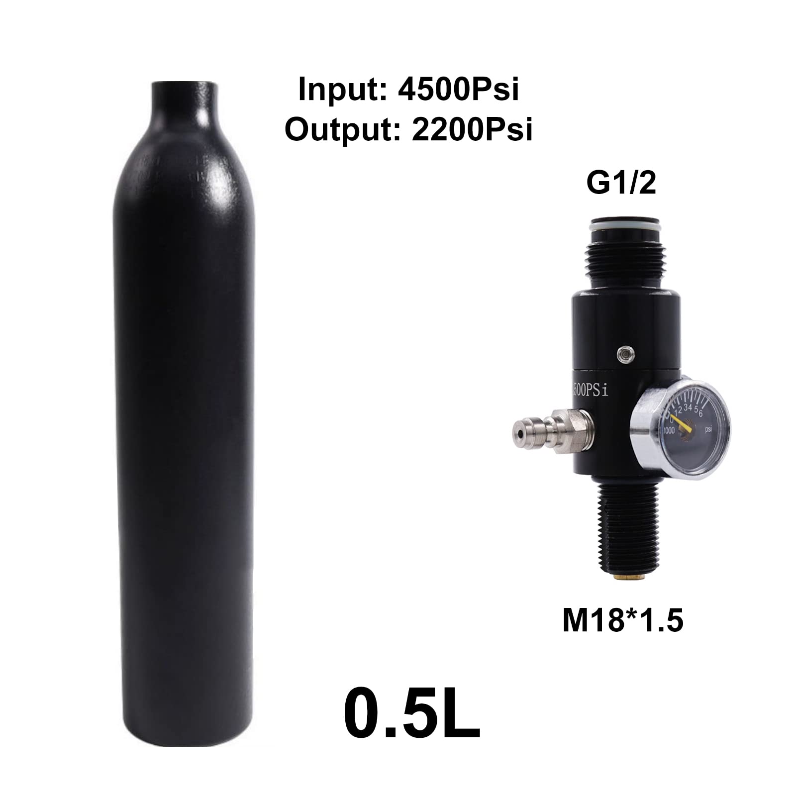 TUXING 4500Psi PCP Paintball Tank 0.5L 4500psi Cilindro de aluminio aprobado por CE con regulador de Paintball Válvula reguladora Presión de salida: 2200psi-M18 * 1.5