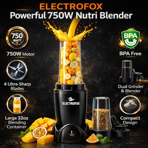Image of Electrofox Belndo+ 2 Jar Bullet Nutri 750 W Juicer Mixer Grinder (2 Jar Nutri Blendo+ | 2 Jars | Black) 4 Year Warranty