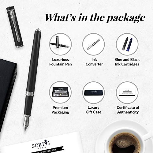 Scrivi Pens Fountain Pen Set [Extra Fine Nib], Classic Collection, Gift Case; 2 Ink Cartridges, Ink Refill Converter, Calligraphy, Smooth Writing Pens [Black Chrome Trim], Perfect For Men And Women #TOP4