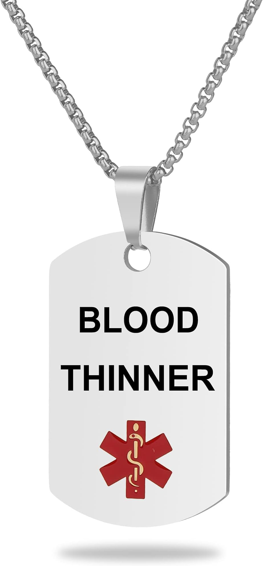 Medical Alert ID Necklace, Laser Engraved Blood THINNER, Stainless Steel Tag Pendant with 23.6 inch Chain for Men Women Emergency First Aid