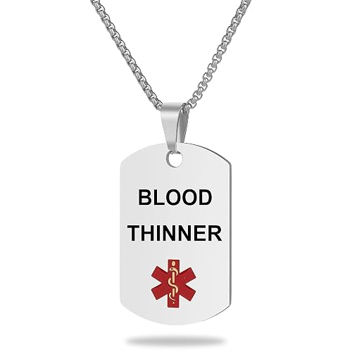 Medical Alert ID Necklace, Laser Engraved Blood THINNER, Stainless Steel
