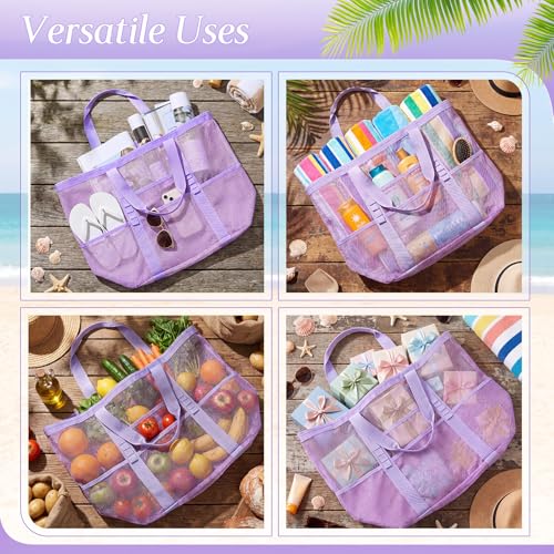 Image of Hillban Large Beach Mesh Bags Bulk for Women Beach Tote Bag with 8 Pocket Zipper Waterproof Sandproof for Pool Cruise Ship