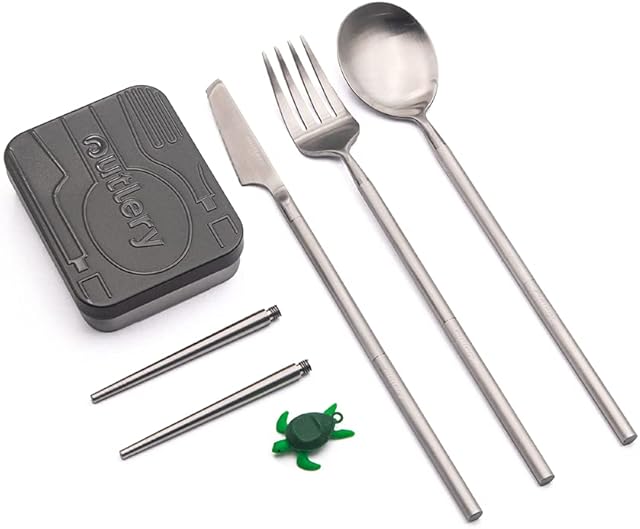 Outlery Full Set | Portable & Reusable Stainless Steel Travel Cutlery Set and Reusable Chopsticks with Case for Camping, Picnic, Office and On-The-Go (Pocket Sized Flatware Set) (Raw Silver)