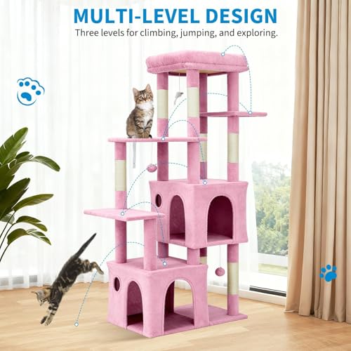 61" Large Cat Tree Tower for Indoor Cats, Heavy-Duty Multi-Level Cat Condo for Maine Coon & Big Cats with Extra-Large Perch, 2 Spacious Houses, Sisal Scratching Posts & Hanging Toys - Pink - Image 6