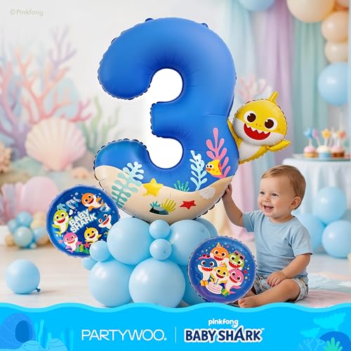 Image of PartyWoo Baby Shark Blue Foil Number 3 Balloon 40 Inch Blue Mylar Helium Birthday Number Balloons for Boys and Girls Baby Shark Under the Sea Ocean Theme Kids Third Birthday Party Decorations