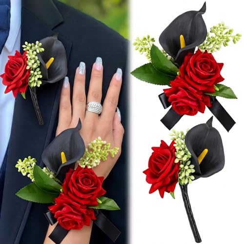 Suncalla 2 Pcs Homecoming Wrist Corsage and Boutonniere Set Burgundy Rose Wristlet Band Bracelet and Boutonniere with Black Calla Lily for Homecoming Prom Wedding Bridesmaid Accessories Decor