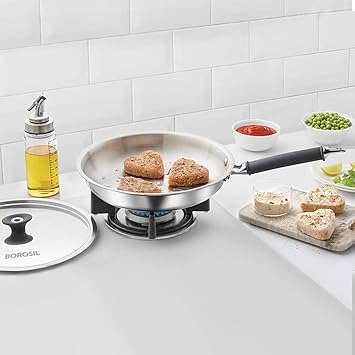 Borosil Cookfresh Tri-ply Stainless Fry Pan With Lid, Induction Friendly, 1.3 L, 20 cm Dia (Stainless Steel, Silver)