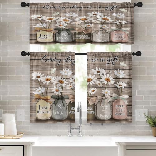 Tayney Kitchen Curtains Sets for Windows, 52x24 Inch, 3 Pack, Daisy Floral
