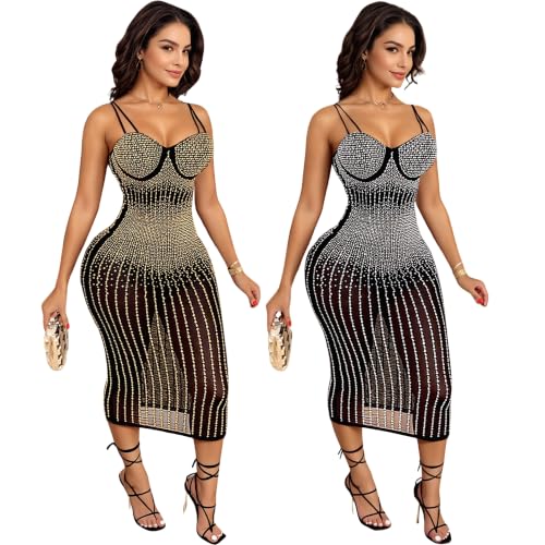 Image of PORRCEY Women's Sexy Rhinestone Lace Sheer Mesh Formal Evening Dress