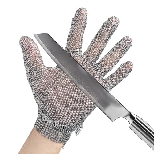 GOL-SIV ANSI A9 Cut Resistant Stainless Steel Metal Mesh Chain Mail Glove,Butchers Gloves Food Grade For Kitchen Cooking, Oyster Shucking, Glass Processing, Tool Sharpening, 5 Finger, (M)
