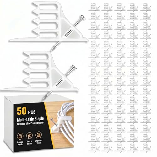 Leriton 50 Pcs Cable Stacker Wire Staples, Plastic Clips with Nail, White