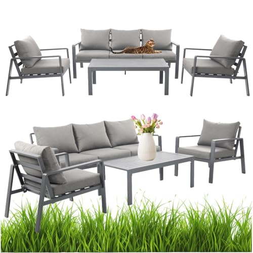 MEVEN Aluminium Gartenmöbel Set Aruba für Garten und Terrasse - leichte Lounge Möbel mit 10cm Kissen - Terrassenmöbel Set mit Sofa und Tisch - Balkonmöbel Set - Terassenmöbel Set