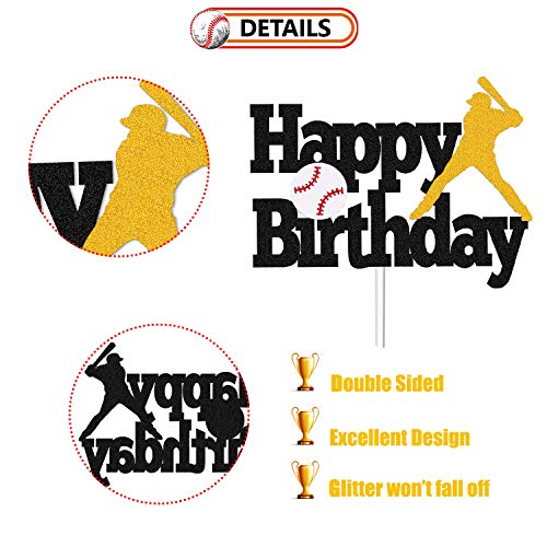 Baseball Cake Topper Happy Birthday Sign Baseball Softball Player Cake Decorations For Sport Theme Man Boy Girl Birthday Party Supplies Double Sided Black Sparkle Decor #TOP1