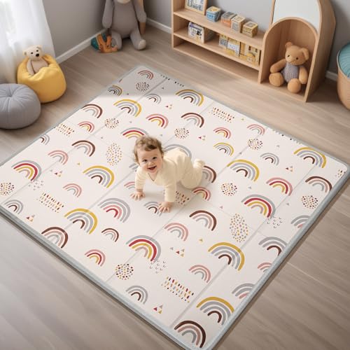Image of Foldable Baby Play Mat, PIGLOG 50x50 Playpen Mat, Safe Foam Playmat for Tummy Time, Waterproof Playmats for Babies and Toddlers Kids, Reversible Portable Baby Floor Mat for Infant, Rainbow Rain