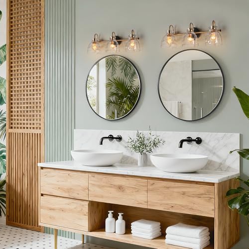 Image of KSANA Modern Bathroom Light Fixtures, Vintage 3 Light Vanity Lights Over Mirror Black and Electroplated Brass Bathroom Vanity Light with Water Ripple Glass, 23 inch W