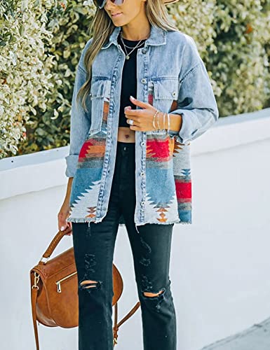 Happlan Aztec Denim Jacket For Women Lapel Button Down Print Shirt Coat Shacket (0143-Orange-S) #TOP4