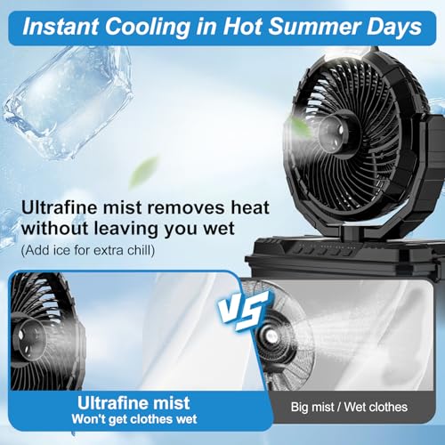 Image of Portable Misting Fan with 9L Water Tank, 3 Speeds, 3 Spray Mister Modes, 20000mAh Long-lasting Camping Fan, 80 Oscillation Outdoor Cooling Fans Ideal for Camping,Garage,Patio Use