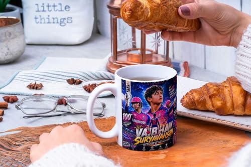 Image of Cricket Theme Coffee Mug IPL Edition - Stylish Helicopter Shot Print Cup - Gift for Cricket Fans, Boys & Friends (Vaibhav Suryanshi-1, Large)